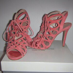 Charles David Priscilla Strappy Peeptoe Suede Sandal, Salmon Coral Color, 39.5/9